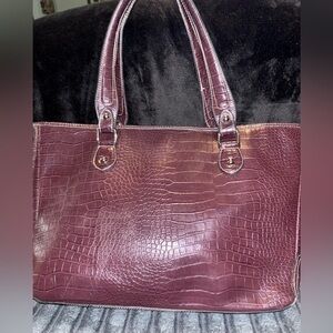 Croc embossed tote shoulder bag / laptop bag purse burgundy, Large